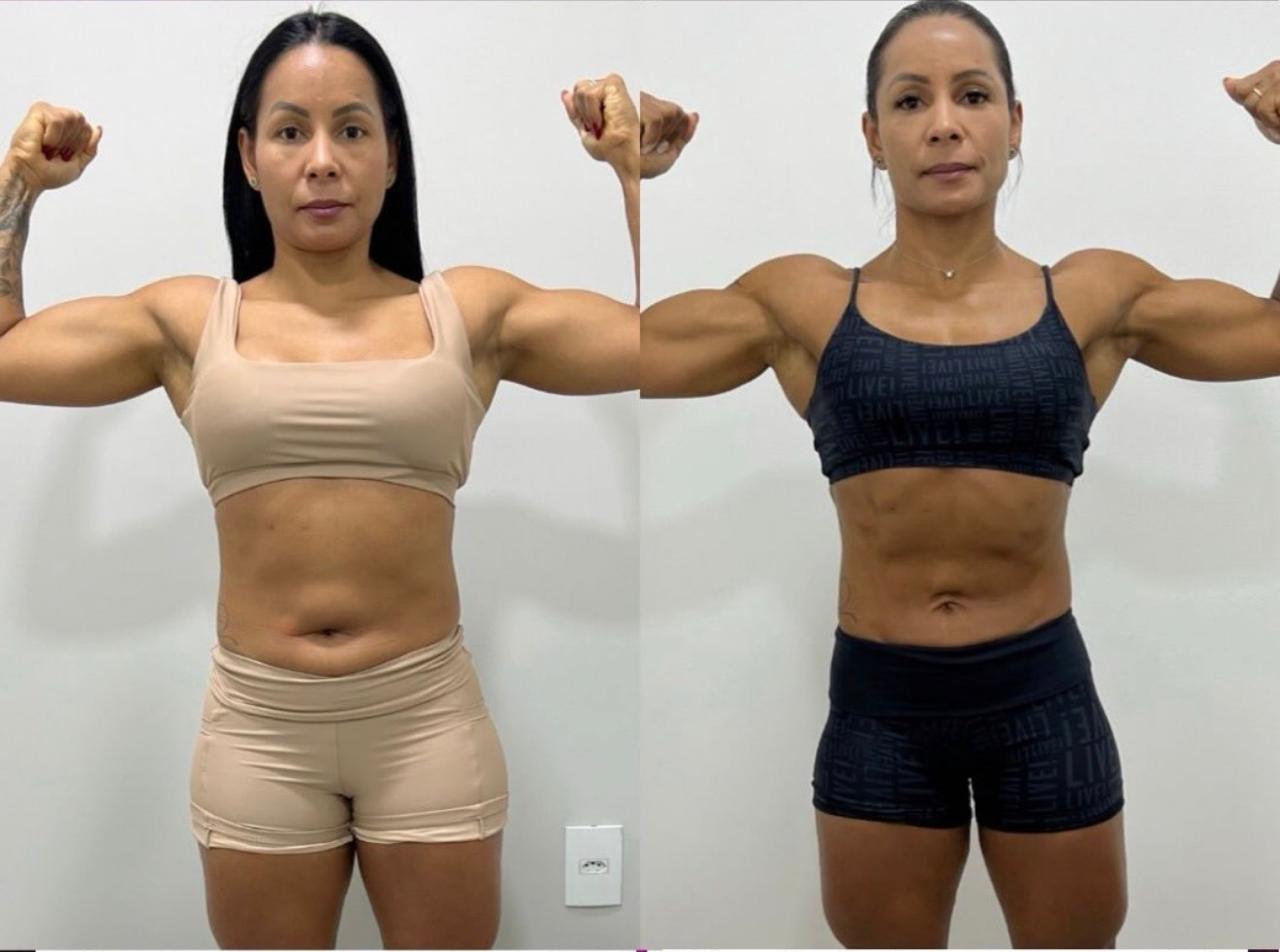 Comparação de evolução corporal frontal de uma aluna